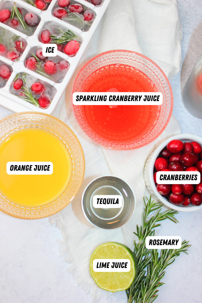 All of the ingredients needed to make this cocktail.