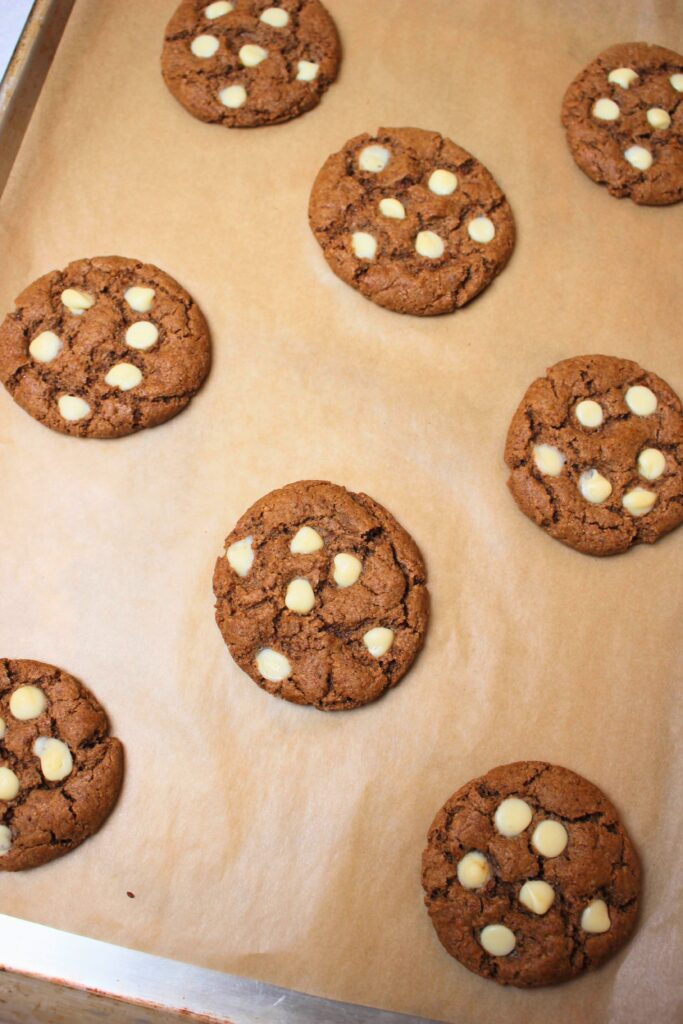 The cookies are on a sheet pan and just came out of the oven.