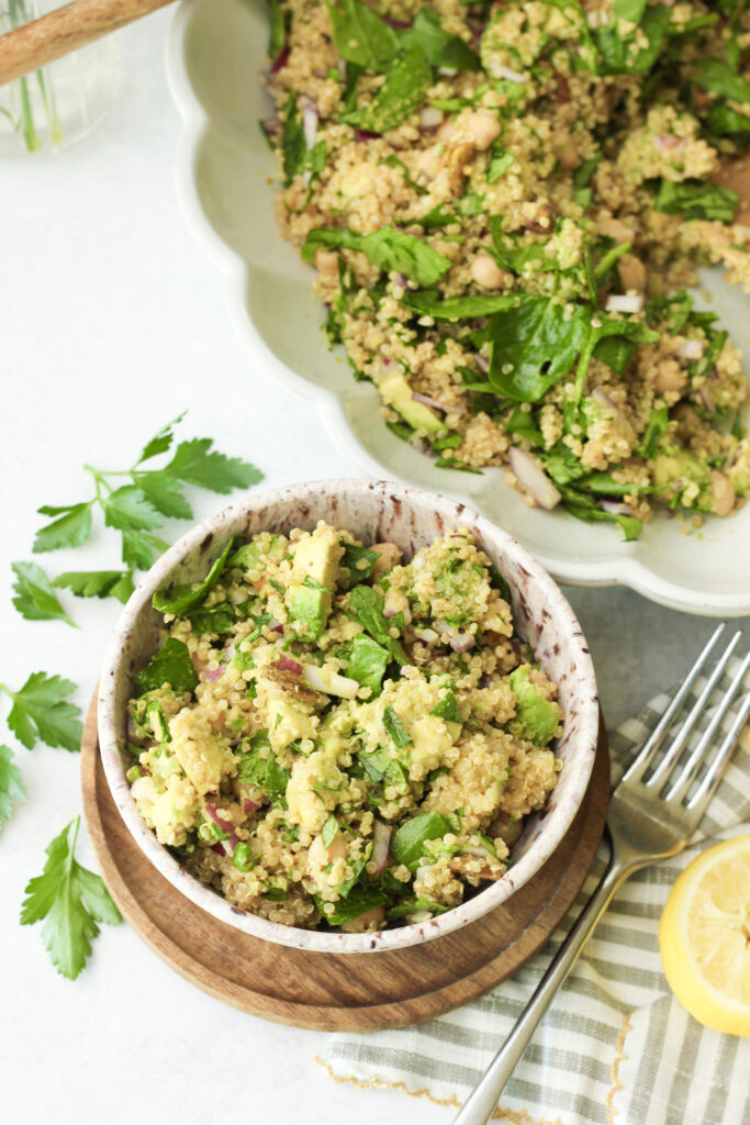 The salad has been served in a small bowl and is ready to enjoy.