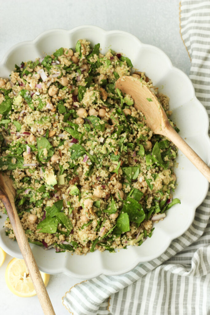 The salad is in a large bowl and has been tossed.