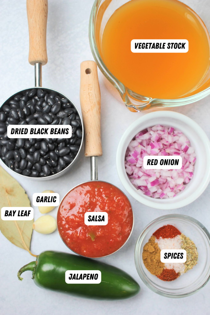 All of the ingredients needed to make these vegan spiced black beans.