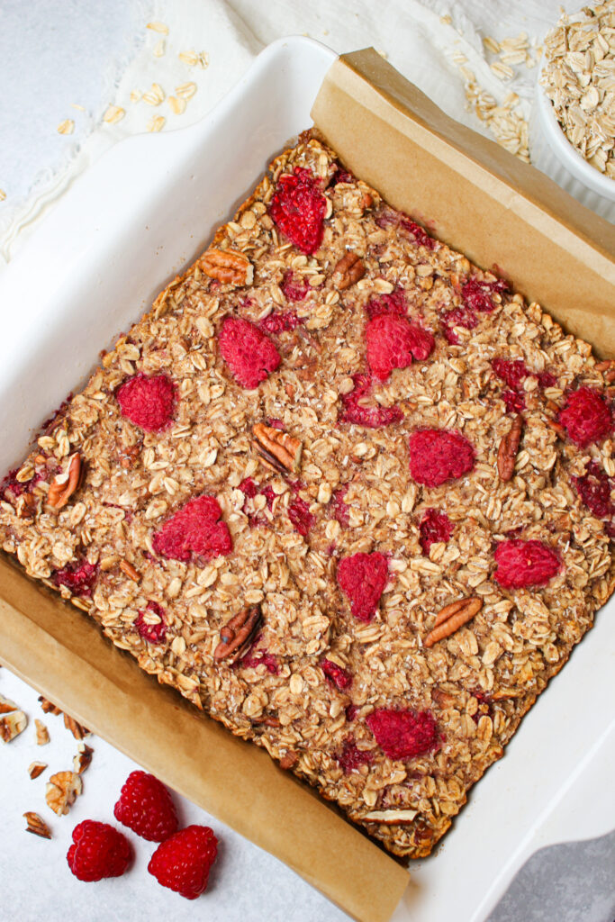 The baked oatmeal just came out of the oven and is ready for the almond butter drizzle.