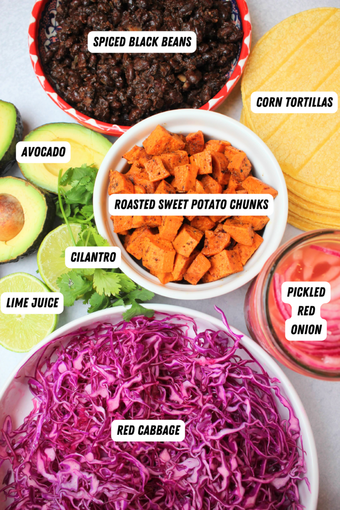All of the ingredients needed to make these vegan tacos.