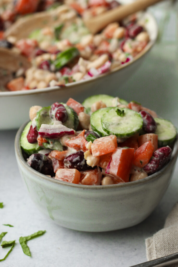 An up close picture of this salad served in a small bowl.