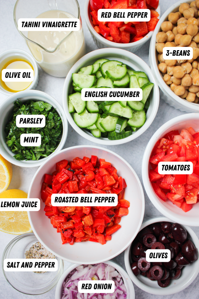 All of the ingredients needed to make this 3 bean vegan salad.