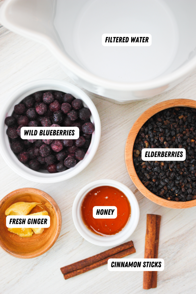 All of the ingredients needed to make this elderberry syrup.