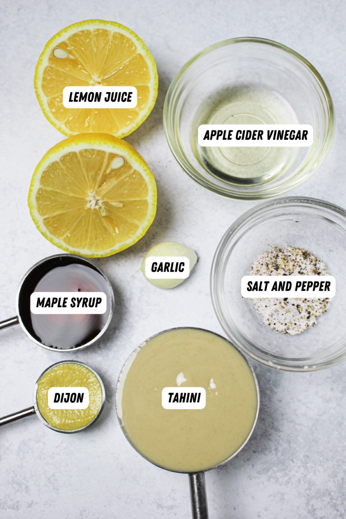 All of the ingredients needed to make this easy tahini lemon vinaigrette.