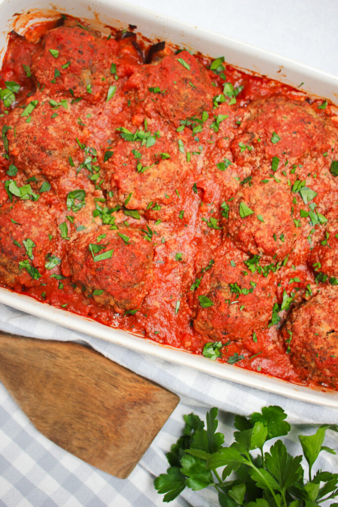 The finished lentil meatball dish.