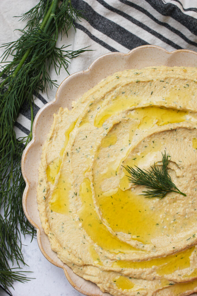 An upclose picture of the lemon dill hummus.