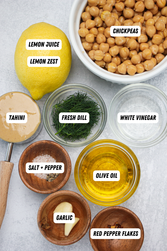 All of the ingredients needed to make this lemon dill hummus.
