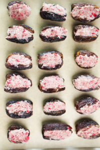 The dates are stuffed and ready to be dipped in chocolate.