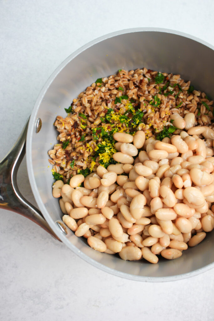 Just added lemon juice, lemon zest, parsley, and Great Northern Beans to the pot of cooked farro.