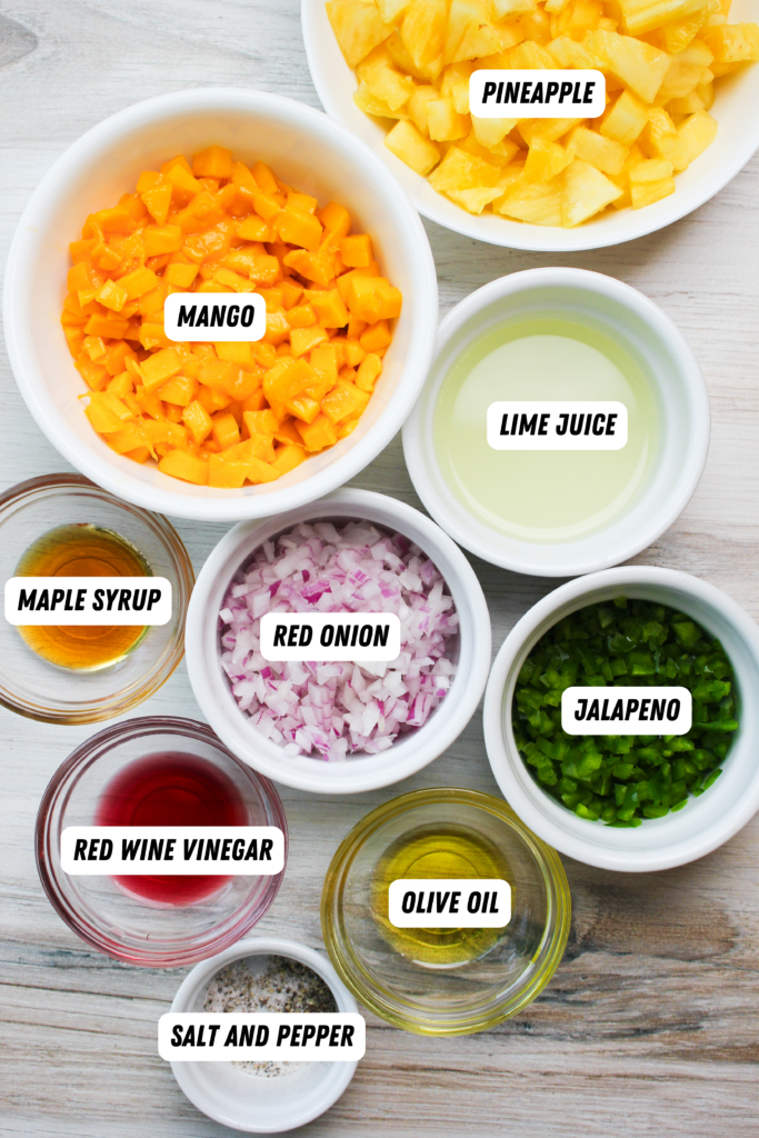 All of the ingredients needed to make this fresh pineapple and mango salsa.