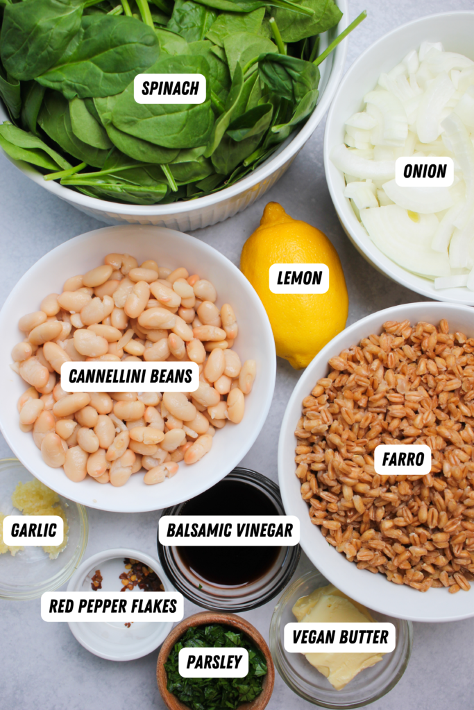 All of the ingredients needed to make this vegan farro and white bean recipe.