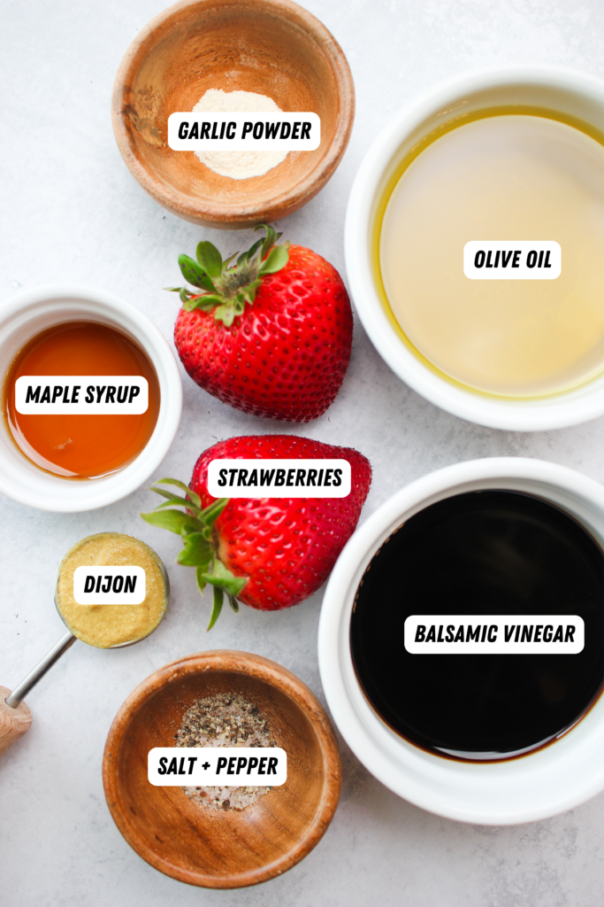 All of the ingredients needed for this strawberry balsamic vinaigrette.