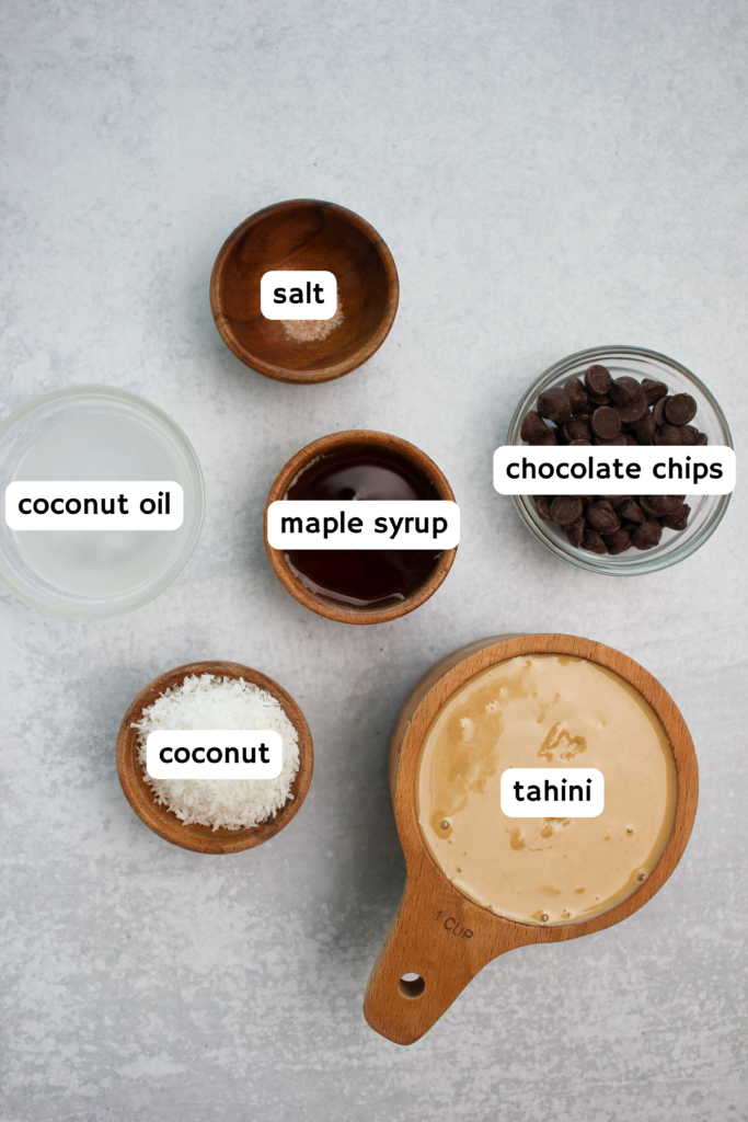 All of the ingredients needed to make these tahini fudge cups.