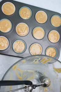 Just finished scooping the batter into each cupcake liner.