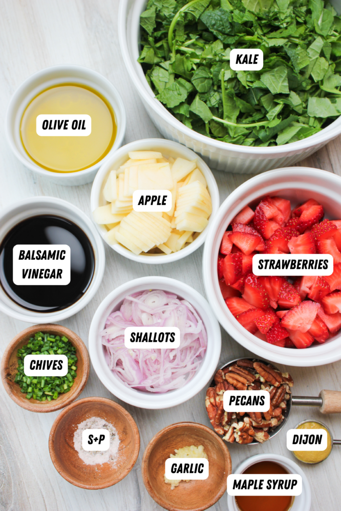 All of the ingredients needed to make this vegan summer kale and berry salad.