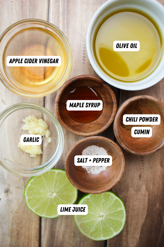 All of the ingredients needed to make the lime vinaigrette.