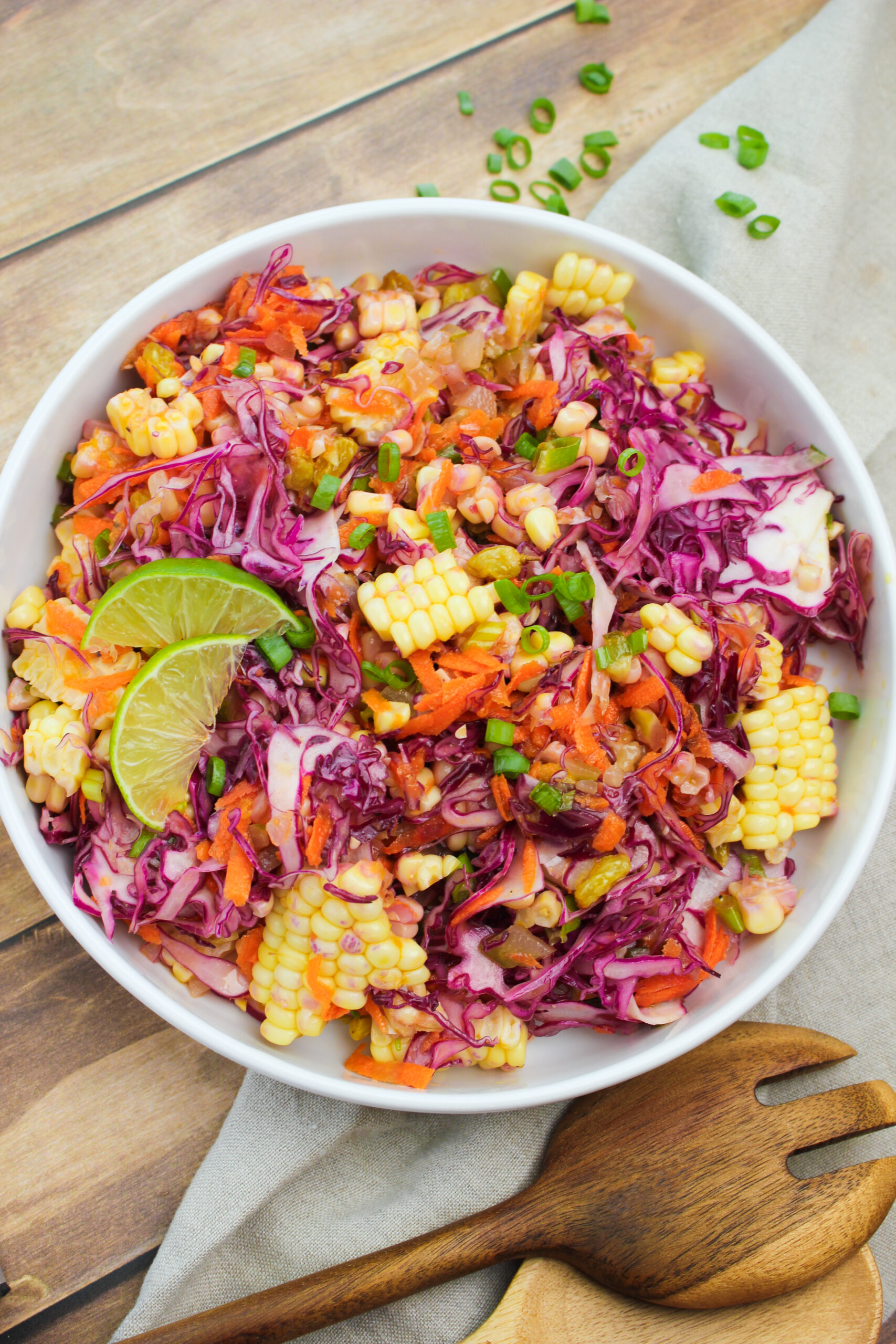 A large bowl of this red cabbage and sweet corn slaw.