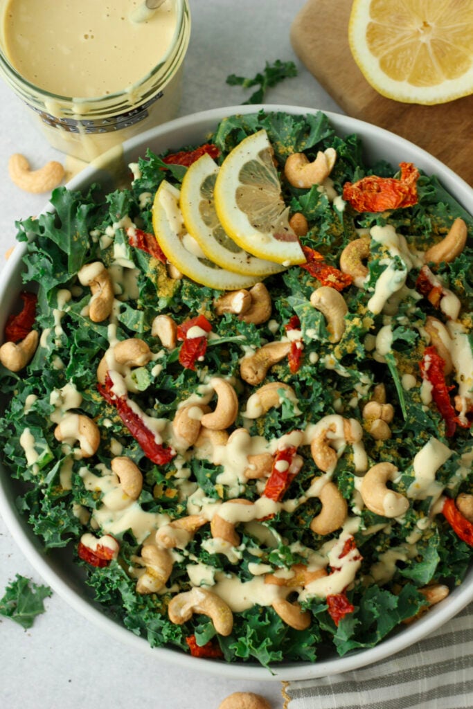 The dressing has been drizzled over the salad.