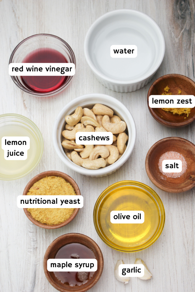 All of the ingredients needed to make the lemon cashew dressing.