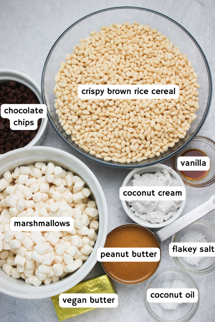 All of the ingredients needed to make thiese vegan rice krispie squares.