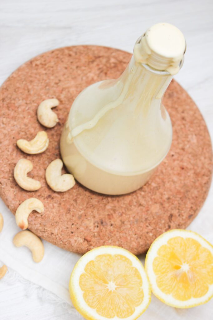 The dressing is in a jar and ready to be served.