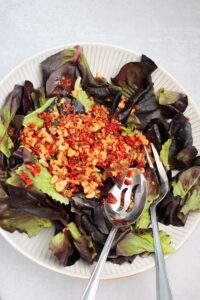 Just poured the vinaigrette onto the bed of lettuce and now it will be tossed.