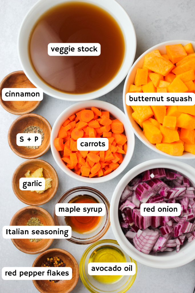 All of the ingredients needed to make this butternut squash soup.