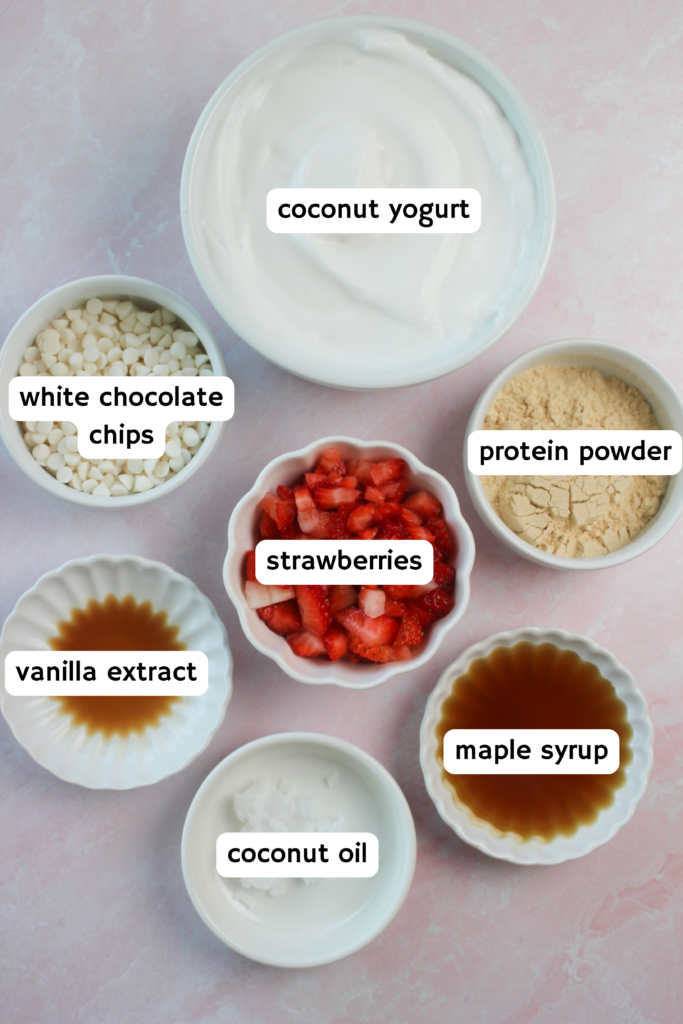 All of the ingredients needed to make these protein pudding cups.