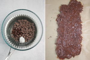 Melting the chocolate and coconut oil in a pan and spreading it into the top of the almond butter layer.