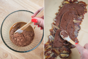 Making the middle almond butter layer and spreading it onto the date bottom layer.