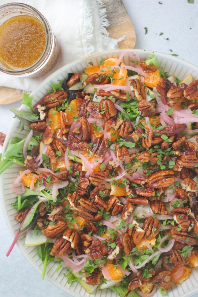 An up-close picture of the salad in a large bowl.