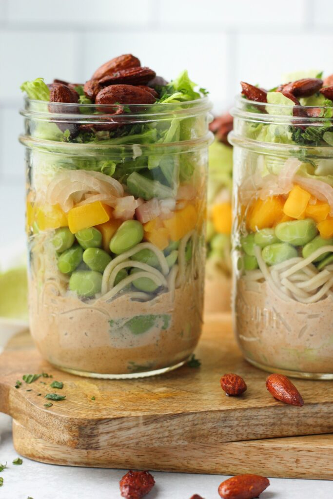 An up-close picture of the Thai noodle salad jars.