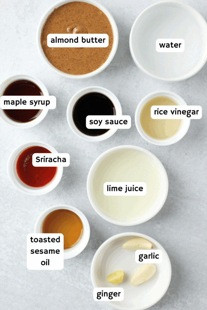 All of the ingredients needed to make the Thai almond butter dressing.