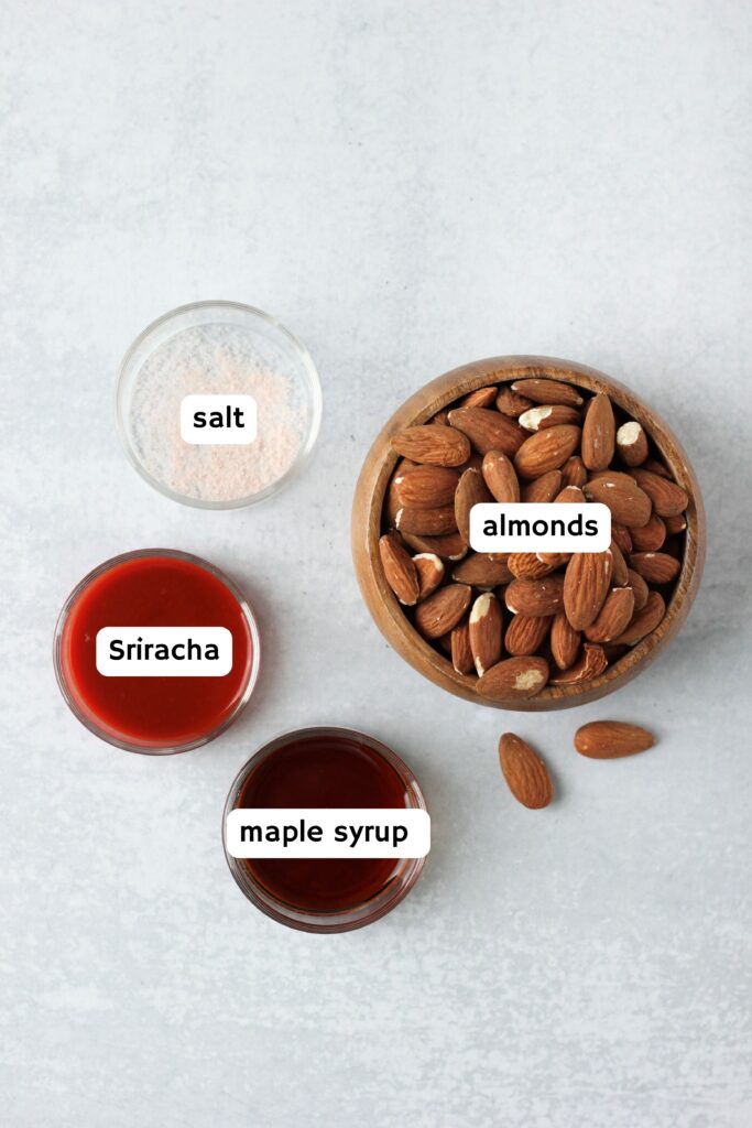 All of the ingredients needed to make the sweet and spicy almonds.