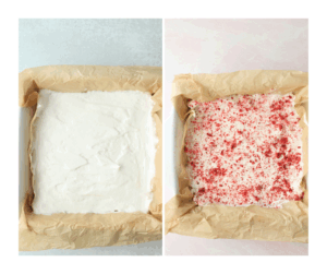 The top cool whip layer has been spread over the date layer and freeze-dried strawberries have been sprinkled over top.