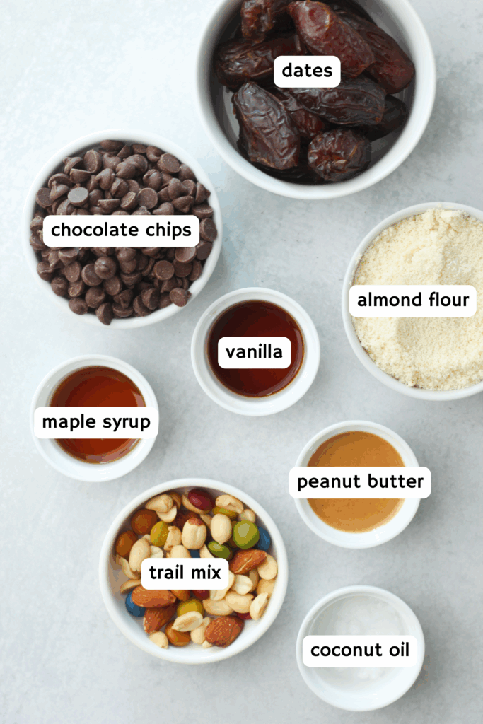 All of the ingredients needed to make these trail mix stuffed dates.