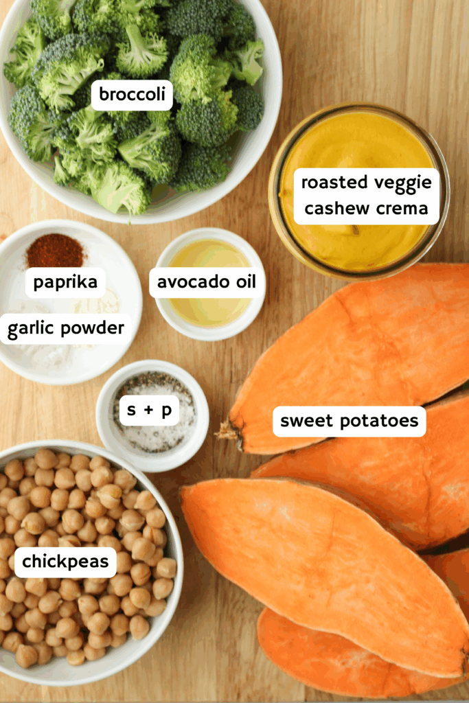 All of the ingredients needed to make the stuffed sweet potatoes.