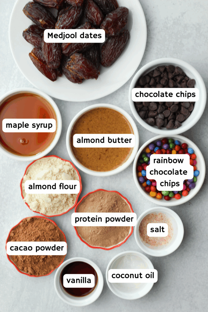 All of the ingredients needed to make these brownie balls.