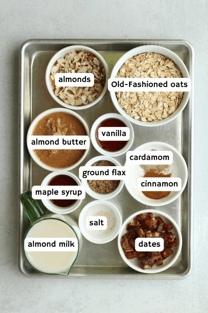 All of the ingredients needed to make these overnight oats.