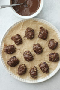 The dates have been drizzled with melted chocolate.