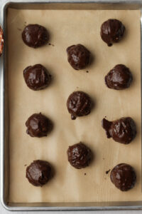 The balls have been dipped entirely in melted chocolate.
