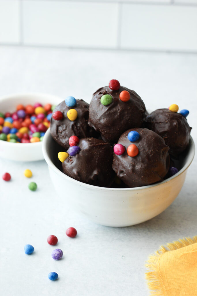 A bowl of vegan viral brownie balls.