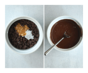 The bowl of melted chocolate, coconut oil, and peanut butter.