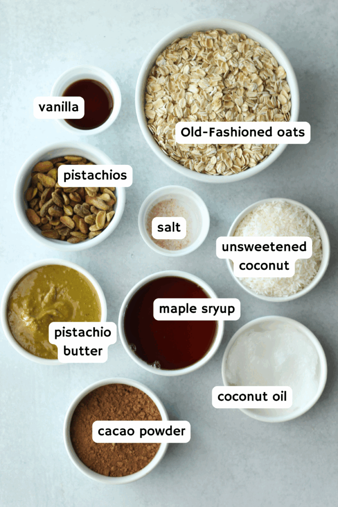 All of the ingredients needed to make this chocolate granola.