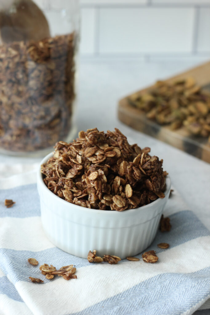 A bowl of this Dubai chocolate granola.