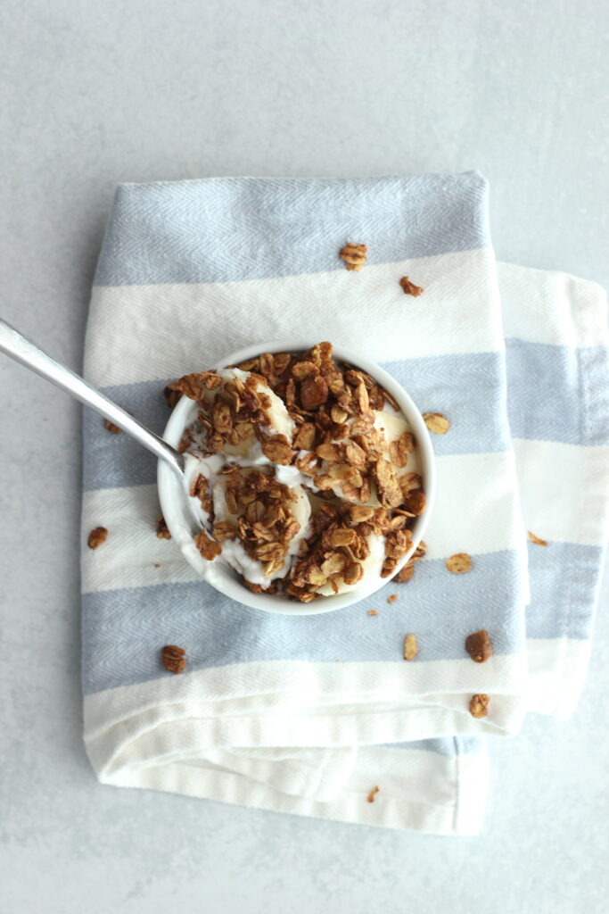 A banana parfait topped with this chocolate granola.