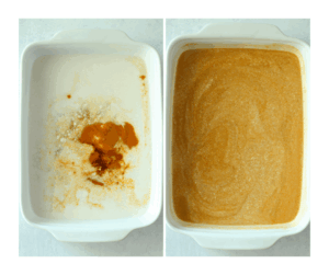 The wet ingredients have been mixed into this casserole dish.